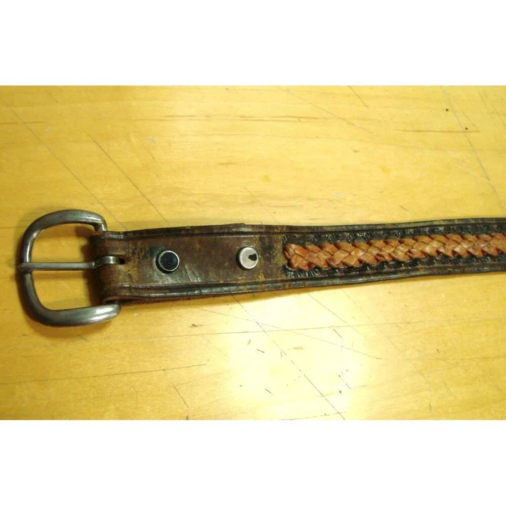 Mens Two Tone Brown Leather Braided Inlaid Belt Size 42 Made in Mexico Vintage